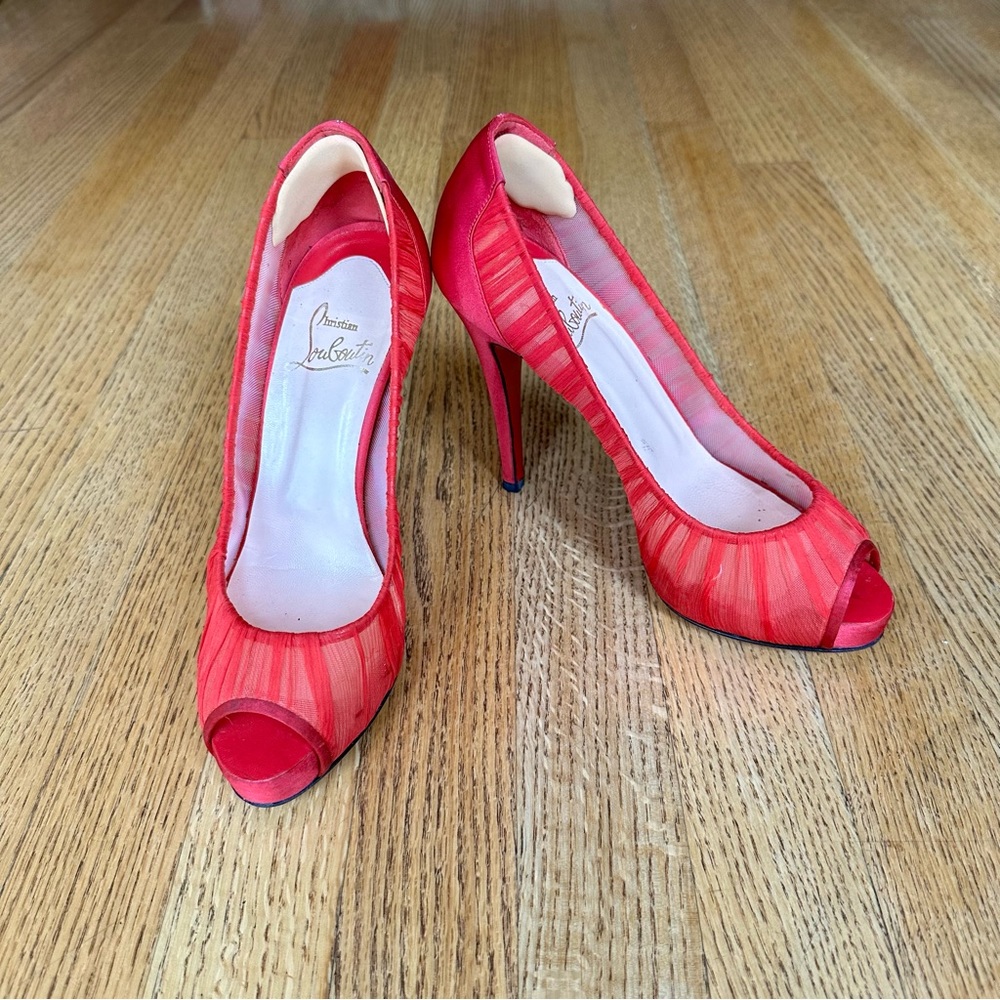 Christian Louboutin Red Satin Crepe Mesh Peep Toe High Heel Evening Shoes, 38.5